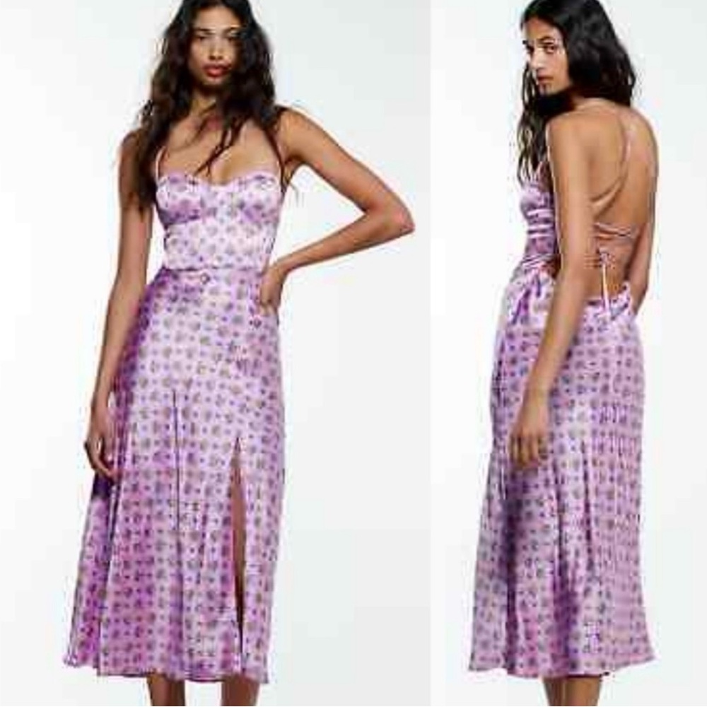Zara Purple Satin Floral Corset Style Lace-Up Open Back Thigh Slit Maxi Dress - Picture 6 of 7